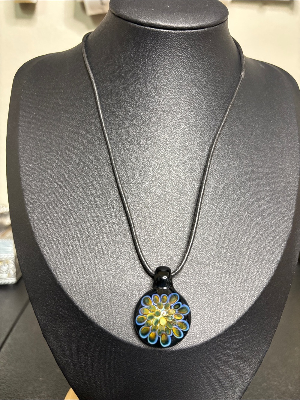 Handmade Black Glass Pendant Necklace Leather Multicolor Floral Design